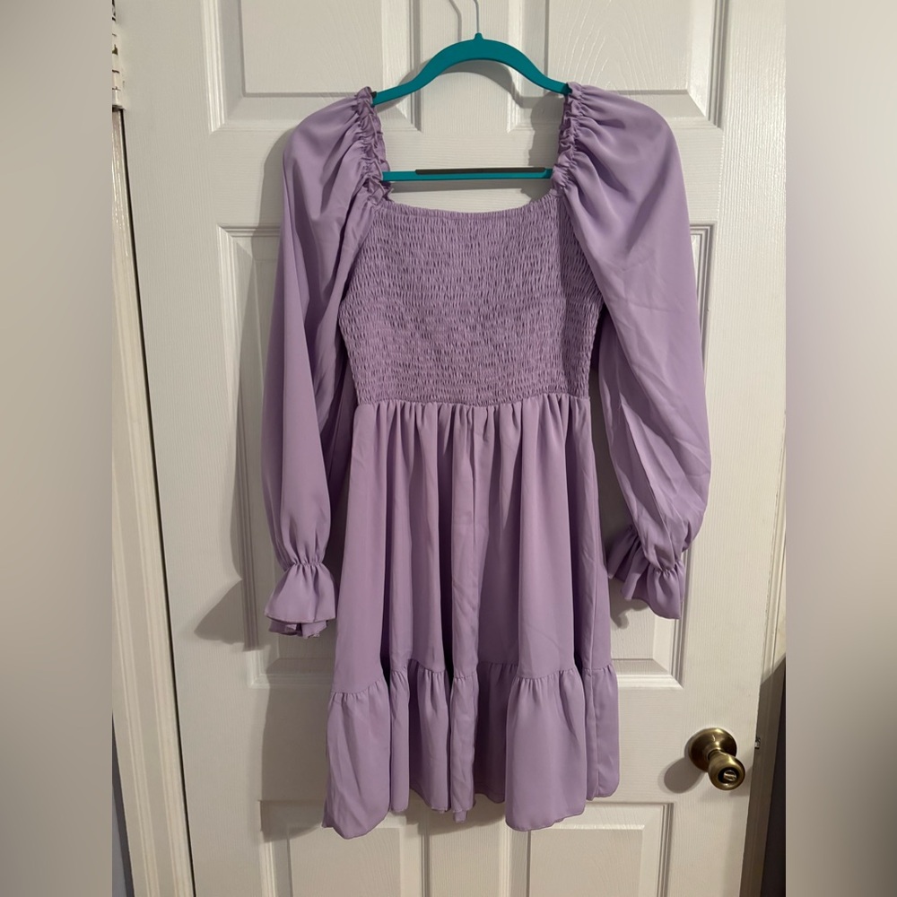 Lavender, long-sleeve, polyester dress.